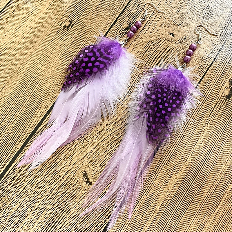 Cpop Boho Purple White Feather Earrings for Women Girl Beads Fashion Statement Ethnic Jewelry Accessories Gifts | Украшения и