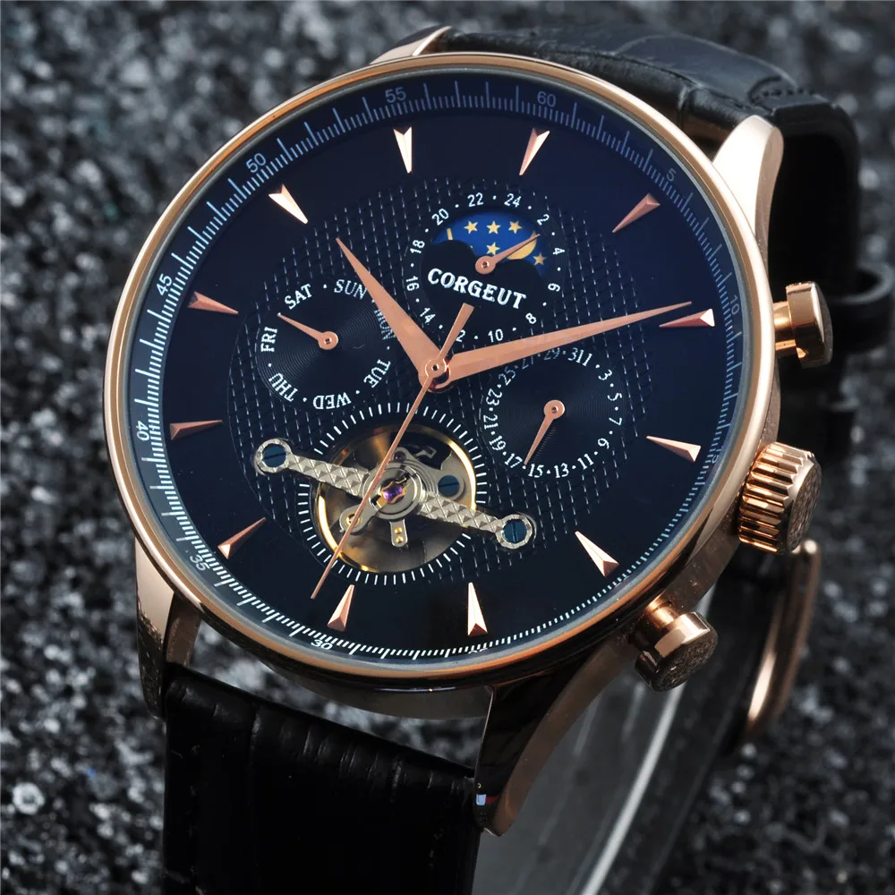 44 мм corgeut moon черный циферблат золотые стрелки розовое золото чехол Дата &amp день