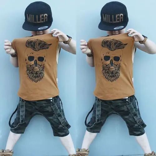 Toddler Baby Bibs Girl Boys Printing Clothes Vest Top T-Shirt+Camouflage Overalls Cotton Outfit Children Summer Clothing Set | Детская