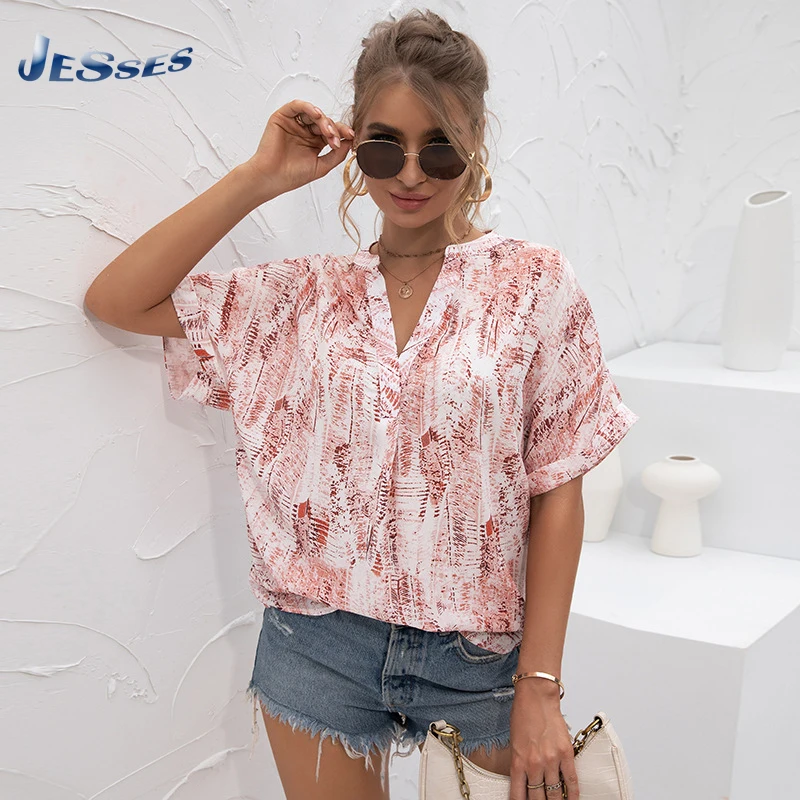 

Tie-dye sexy V-neck Shirt Ladies Loose Casual Spring Tops Printing Fashion Streetwear Plus Size Short-sleeved Blouses For Female