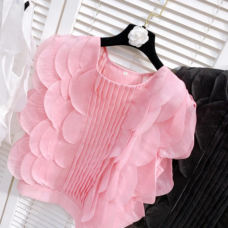 

Sweet Multi-Layer Ruffles Slim Fit T-shirt O-Neck Sleeveless Pink Chiffon Shirt Kawaii Tees 2021 Summer Fashion Women Clothing