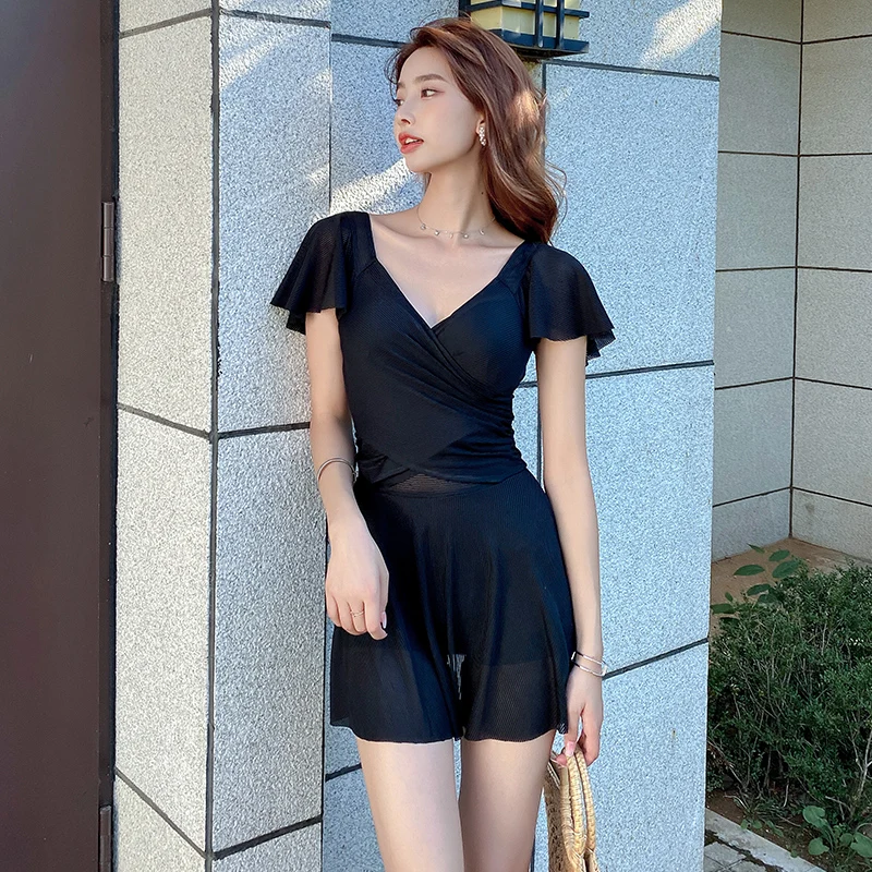 

Sexy Beach Bathing Suit Solid Mesh Swimwear Women V-neck One Piece Swimwear Cut Out Boyshort Monokini Skirted Swimsuit