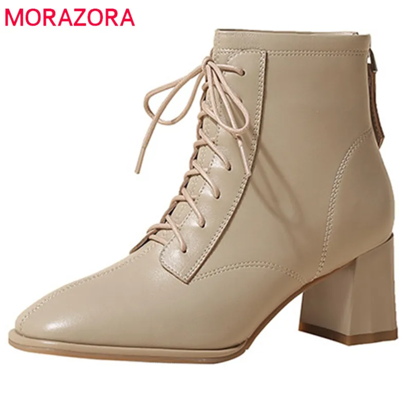 

MORAZORA 2022 New Arrive High Heels Office Dress Shoes Women Genuine Leather Boots Cross Tied Zip Classic Ankle Boots Women