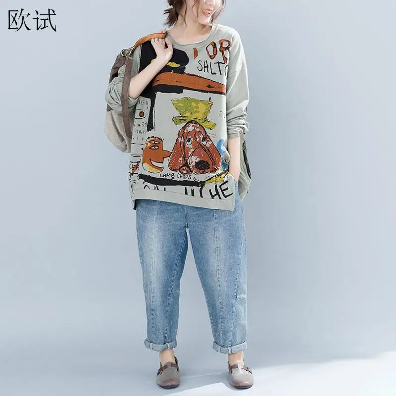 Мультяшная футболка размера плюс с принтом кошки каваи женская длинным рукавом