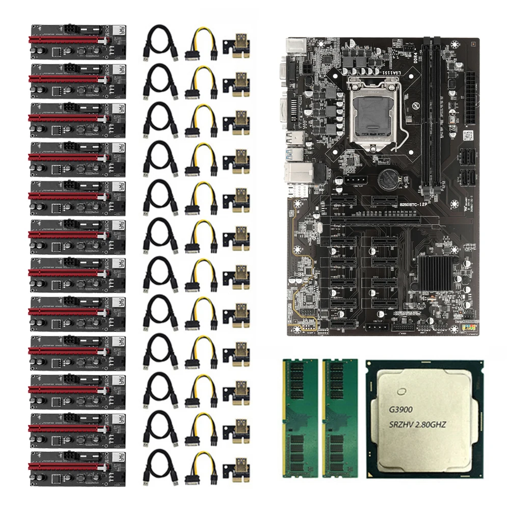 

Материнская плата для майнинга B250 BTC + ЦП + память 4G + адаптер, комплект платы для майнинга LGA1151 PCIE 1x 16x, слоты для графических карт для биткоина