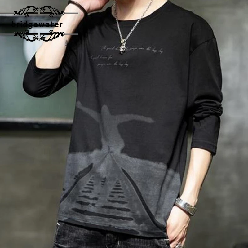 Bridgewater на лето-осень тонкая мужская футболка с длинным рукавом и круглым вырезом