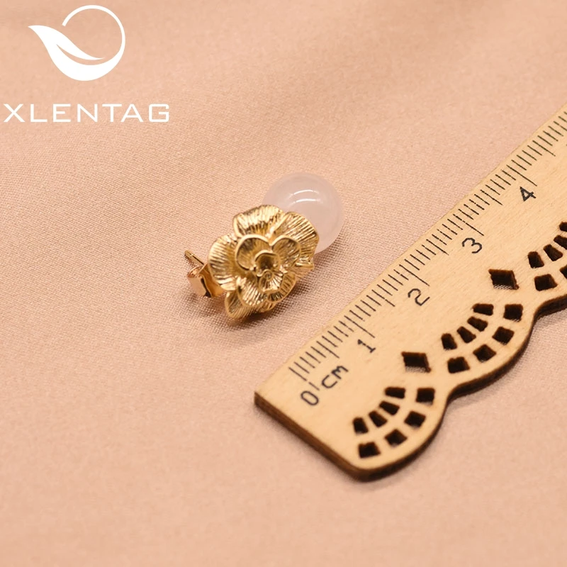 XlentAg 925 пробы серебряные серьги-гвоздики натуральный розовый круглый Кристалл Висячие серьги для женщин растительный цветок серьги для помолвки GE0336