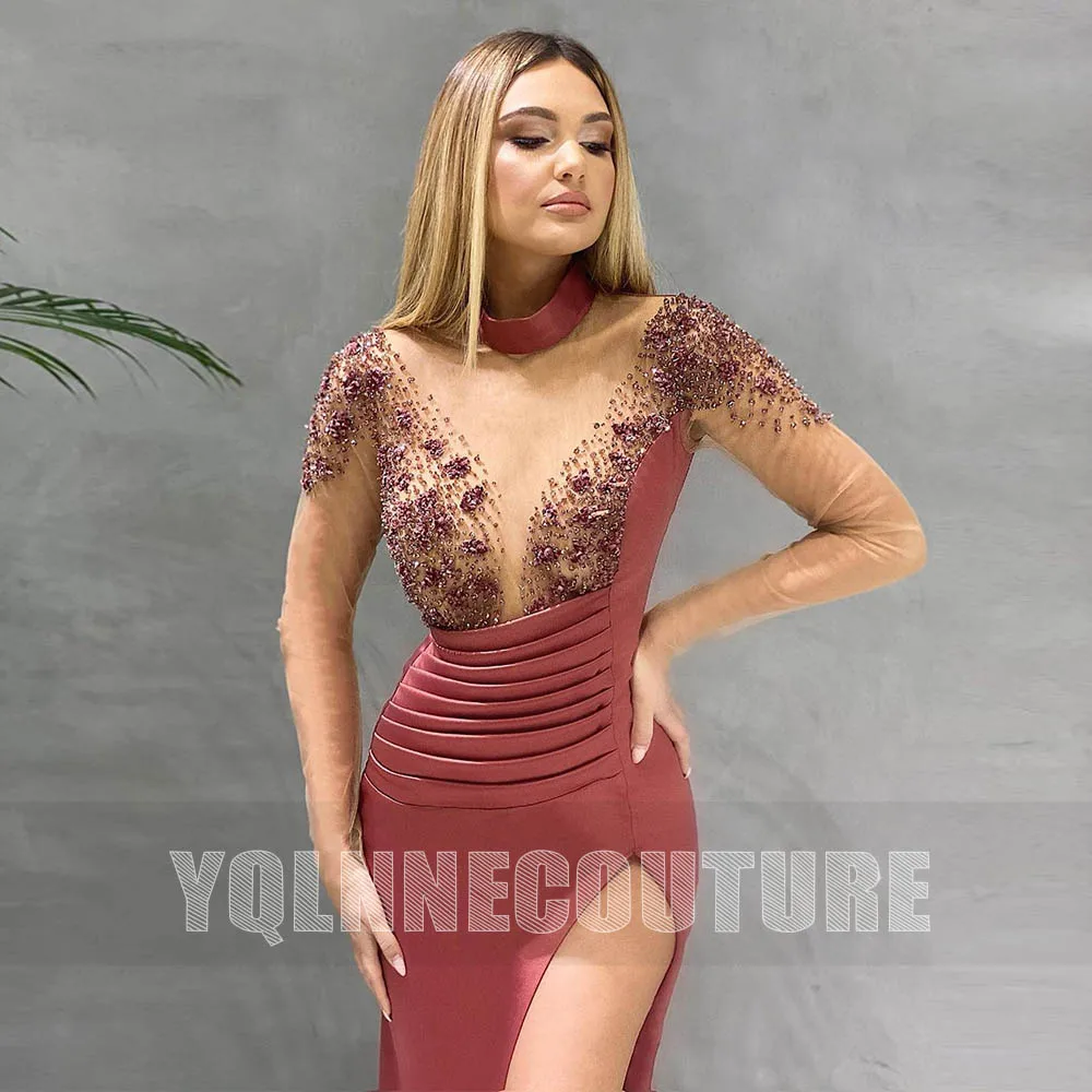 

Verillion Satin Crystals Beaded Long Sleeve Slit Evening Gown High Collar Runway Fashion Couture Pageant Dresses Mermaid