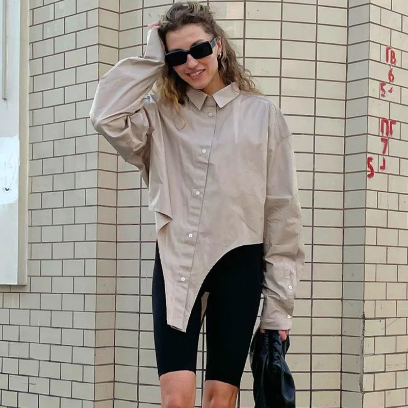 

Vintage Oversized Women's Shirts 2021 Casual Open Front Shirt Blouse Khaki Sexy Long Sleeve Crop Tops Official Ladies Outwear