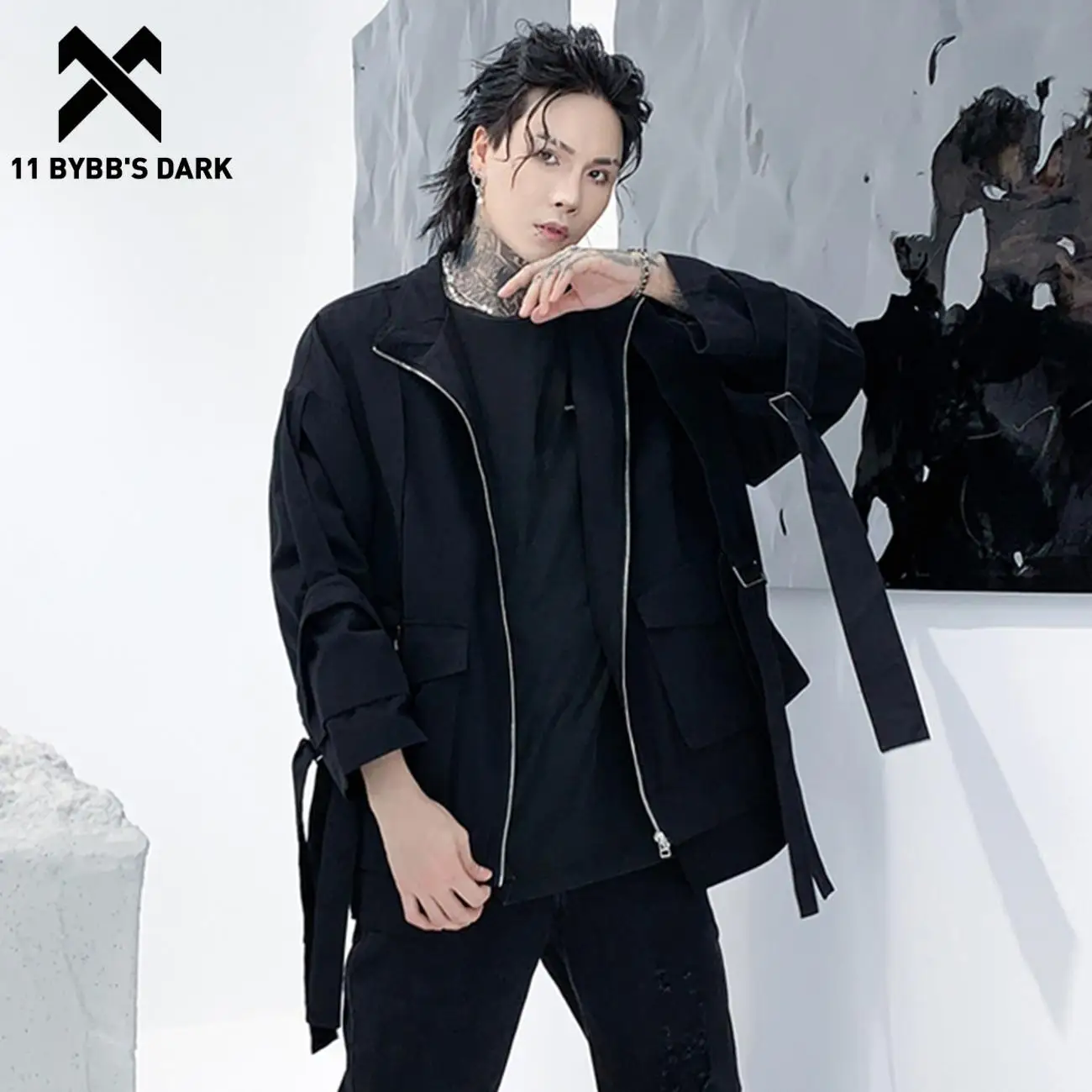 11 BYBB'S DARK Techwear Ribbons Zipper Jacket Men Ribbons Autumn Cargo Jacket Coats Harajuku Loose Punk Streetwear Outwear Tops