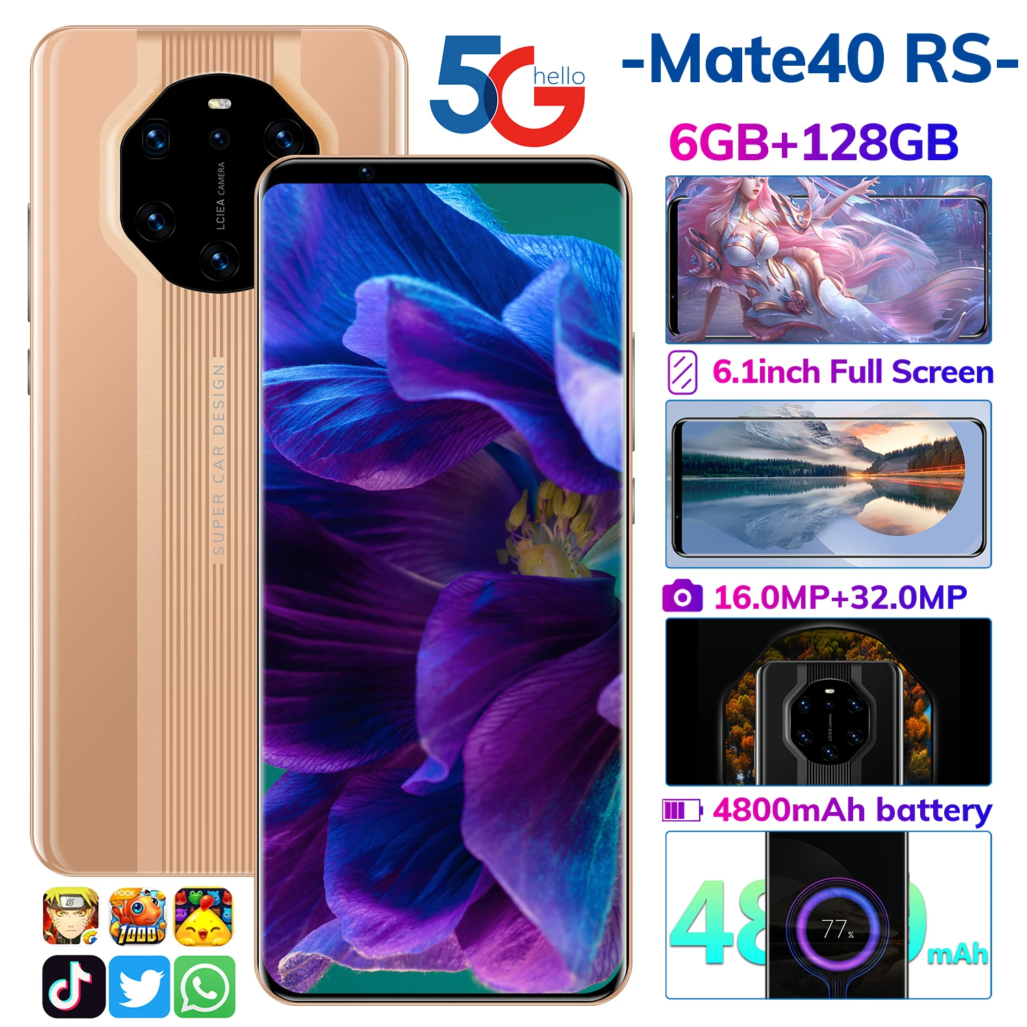 

Hauwei Mate40 RS New Arrival 2021 6.1Inch Full Screen 16MP+32MP 10Core MTK6797 6+128GB 4800mAh Face ID Dual SIM Android10.0