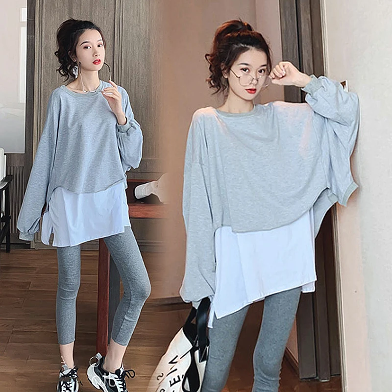 

033# Spring Autumn Chic Ins Maternity Tees Large Size Loose Shirts Clothes for Pregnant Women Casual Patchwork Pregnancy Tops