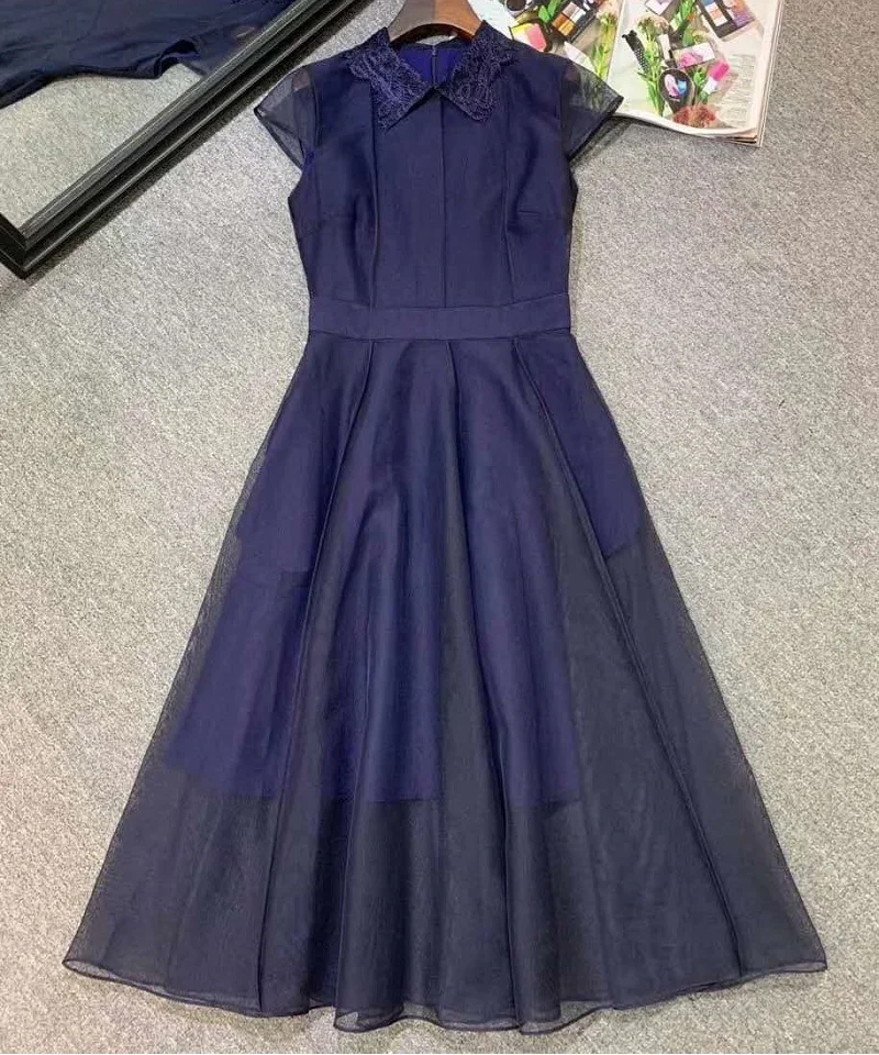 

New 2020 Summer Hot Sale Dress Women Lace Turn-down Collar Sexy Tulle Mesh Patchwork Slim Fitted A-Line Apricot Dark Green Dress
