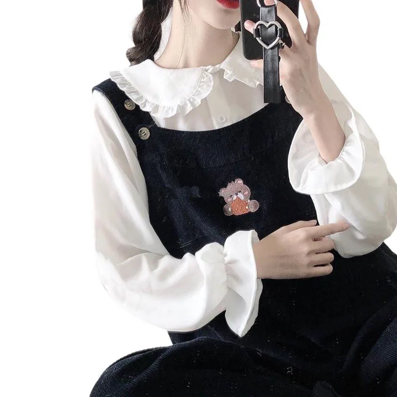 Японский колледж Питер Пэн воротник блузка для женщин абрикосовый белый рубашка