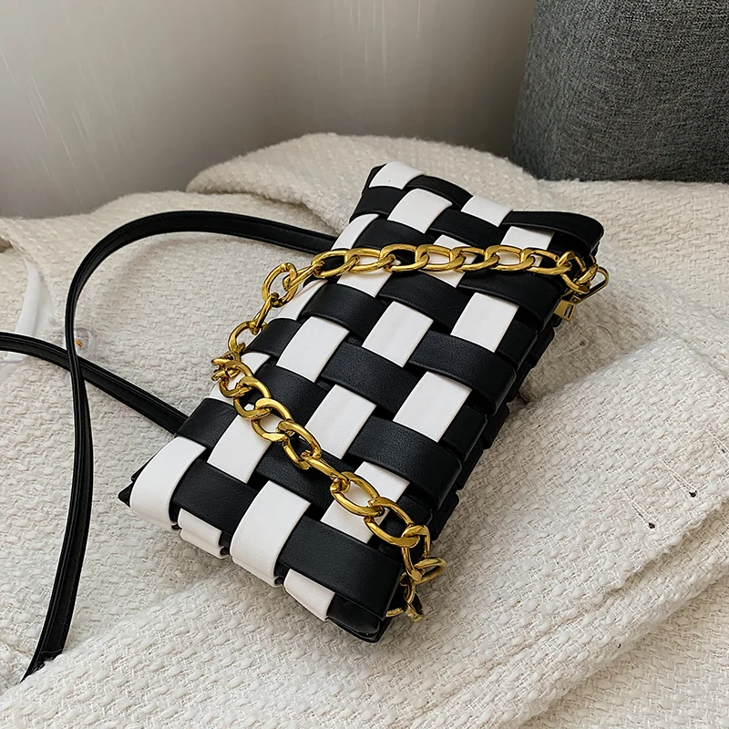 

Color Contrast Weave Small Cute PU Leather Crossbody Bags for Women 2021 hit Simple Branded Luxury Gold Chain Shoulder Handbags