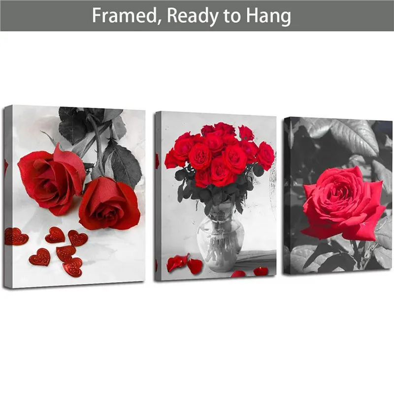 

Canvas Wall Art Red Rose 3 Panels Flower Pictures Print Black and White Painting Romantic Floral Framed Ready to Hang Wall Decor