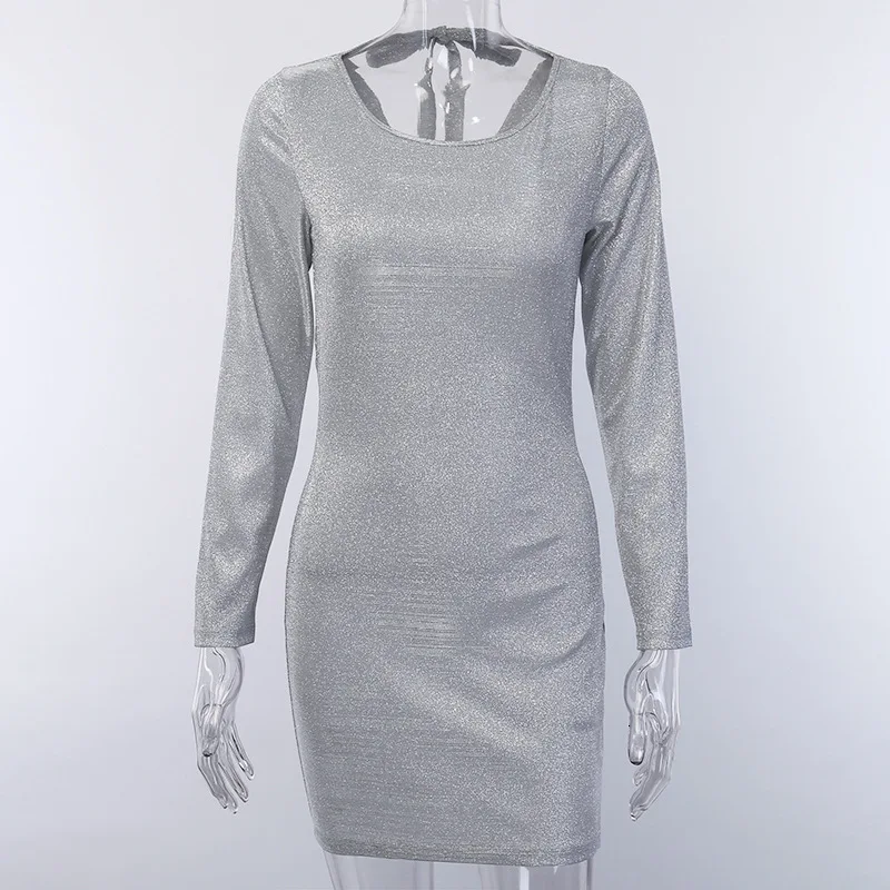 Женское платье с открытой спиной Fuedage серебристое Клубное вечернее блестками и