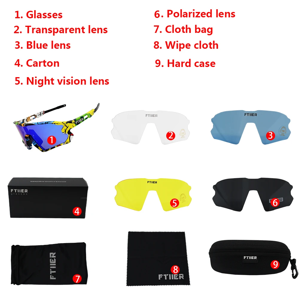 

FTIIER NEW 5 Lens UV400 Cycling Sunglasses TR90 Sport Bicycle Glasses MTB Mountain Bike PolarizedFishing Riding Eyewear 1/5 lens
