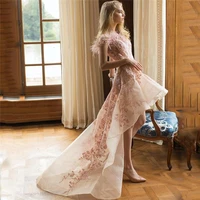 new light pink high low short prom dresses lace feather evening dress cap sleeve pageant gowns robe de soiree