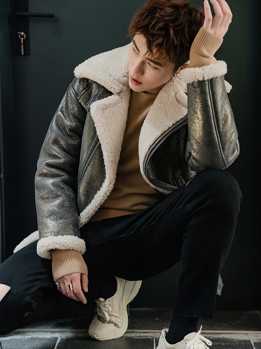 

Men's Genuine Leather Jacket Winter Natural Merino Wool Fur Coat Men Vintage Motorcycle Shearling Jacket 2020 19317