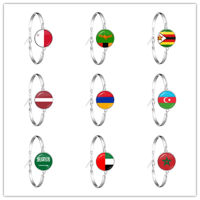 

Malta Zambia Zimbabwe Latvia Armenia Azerbaijan Saudi Arabia UAE Morocco National Flag Glass Cabochon Chain Bracelet For Gift