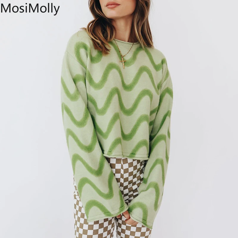 

Mosimolly 2021 Wave Striped Sweater Jumper Knits Women Green Sweater Comfy Pullovers 2021 AW