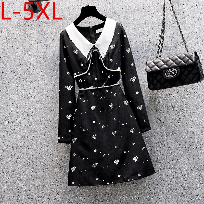 

L-5XL New Ladies 2021 Autumn Plus Size Dress For Women Turn-Down Collar Long Sleeve Floral Print Lace Up Beading Female Dresses