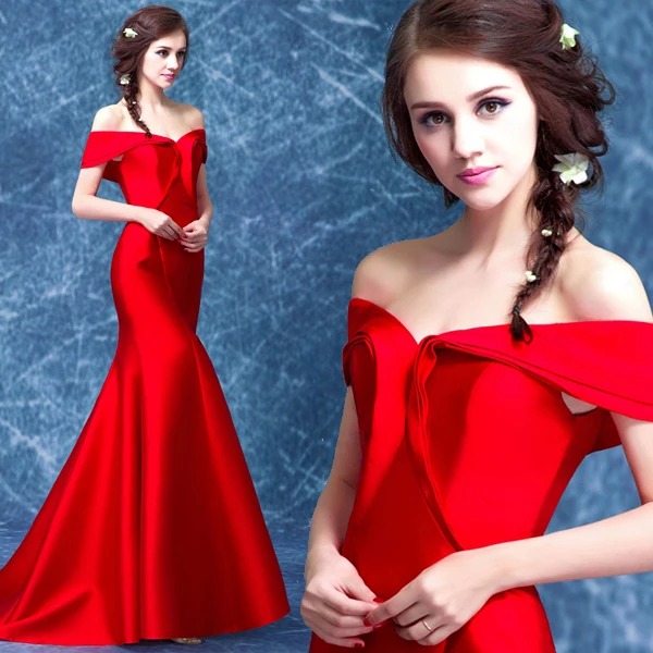 

hot sexy mermaid 2018 new design red satin prom gown long cap sleeve vestido de festa longo robe de soiree bridesmaid dresses
