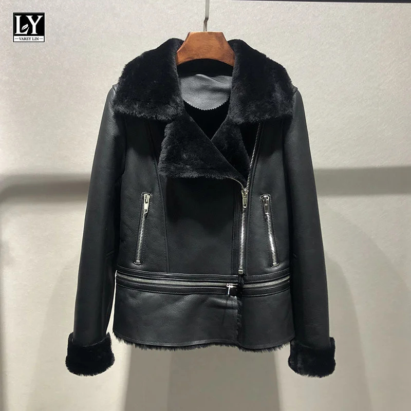 

LY VAREY LIN new winter women Motorcycle Zipper Hem Detachable Outerwear Thicken Faux Leather Lamb Fur Jackets Sheepskin Coats