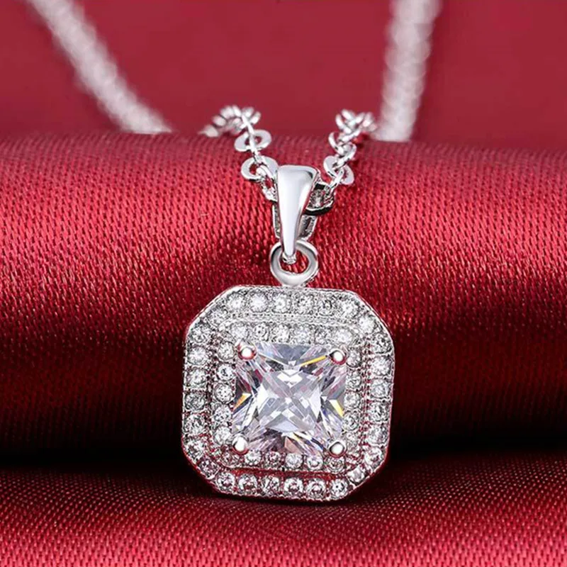 

christmas Fashion Silver Color Necklaces & Pendants Women jewelry CZ square Stone party gift lady girl jewelry necklace X503