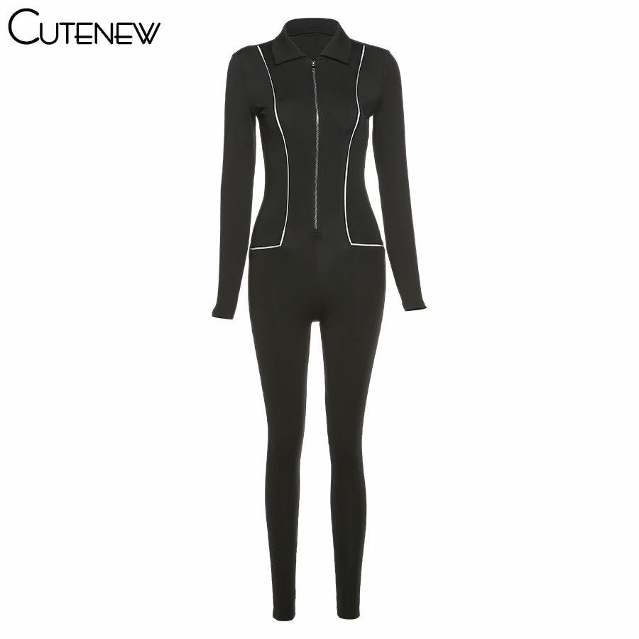 

Cutenew Reflective Striped Patchwork Jumpsuit Women Spring New Skinny Zipper Fitness Active Streetwear Work Out Playsuit Rompers