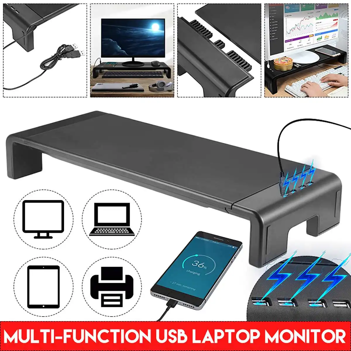 

20" 4 USB Ports Smart Monitor Riser Laptop Stand Multifunctional Desktop Computer Screen Shelf PC Holder TV Desk Accessories