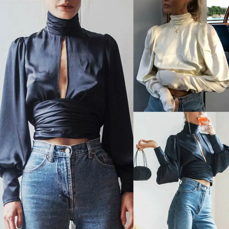 Женская модная офисная атласная блузка с длинным рукавом привлекательная