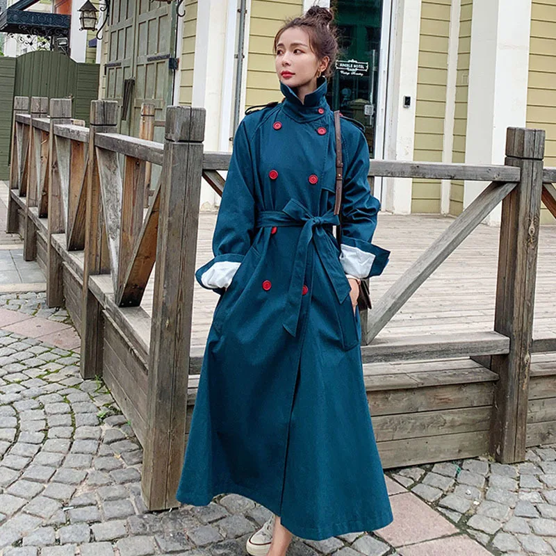 

Spring Autumn Windbreaker women 2021 New Double Breasted Loose solid colors Over The Knee Long Trench Coat For Women