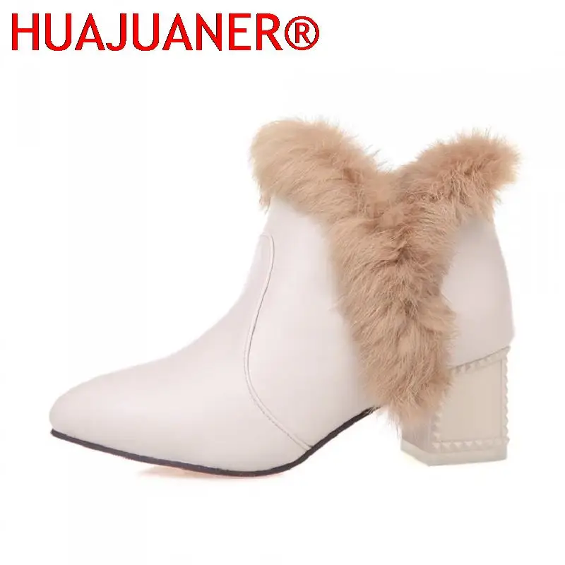 

2022 New Large Size 34-43 Women Thick High Heel Ankle Boots Fashion Pointed Toe Fur Boots Ladies Snow Boots Winter Warm Shoes