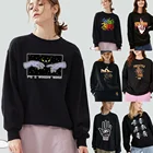 Женская Осенняя Толстовка с длинным рукавом, Модный черный пуловер, уличный Повседневный Теплый Мягкий Свитшот с круглым вырезом и ручным принтом для поездок