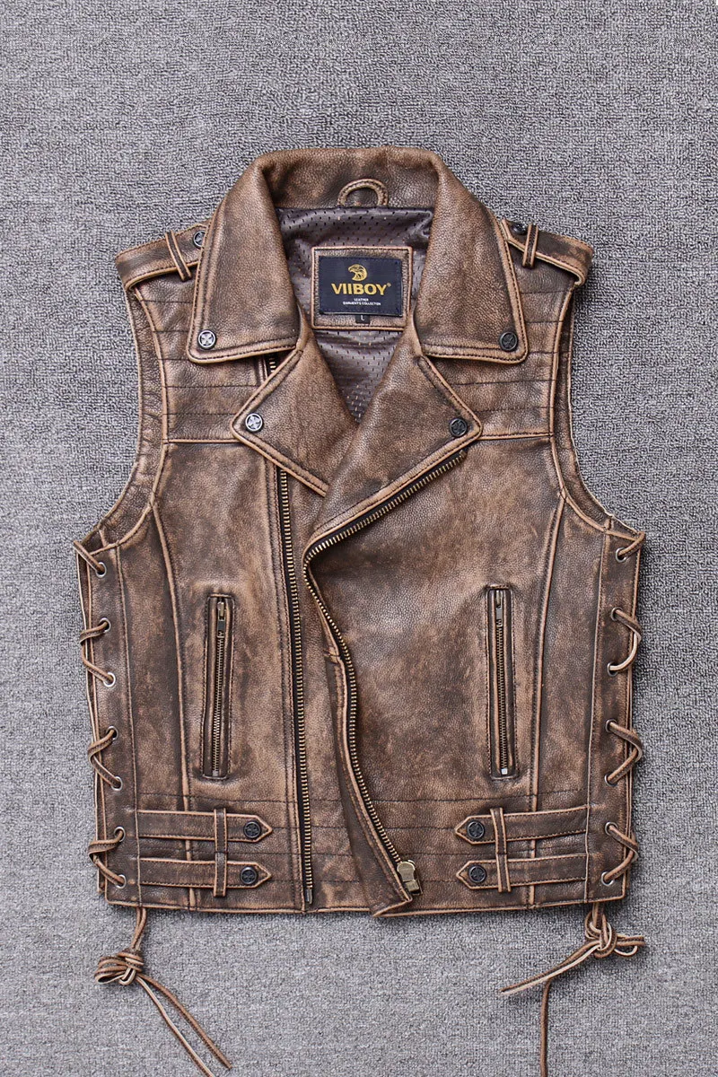 Жилет мужской из натуральной воловьей кожи толстая мото-куртка Короткая Толстая