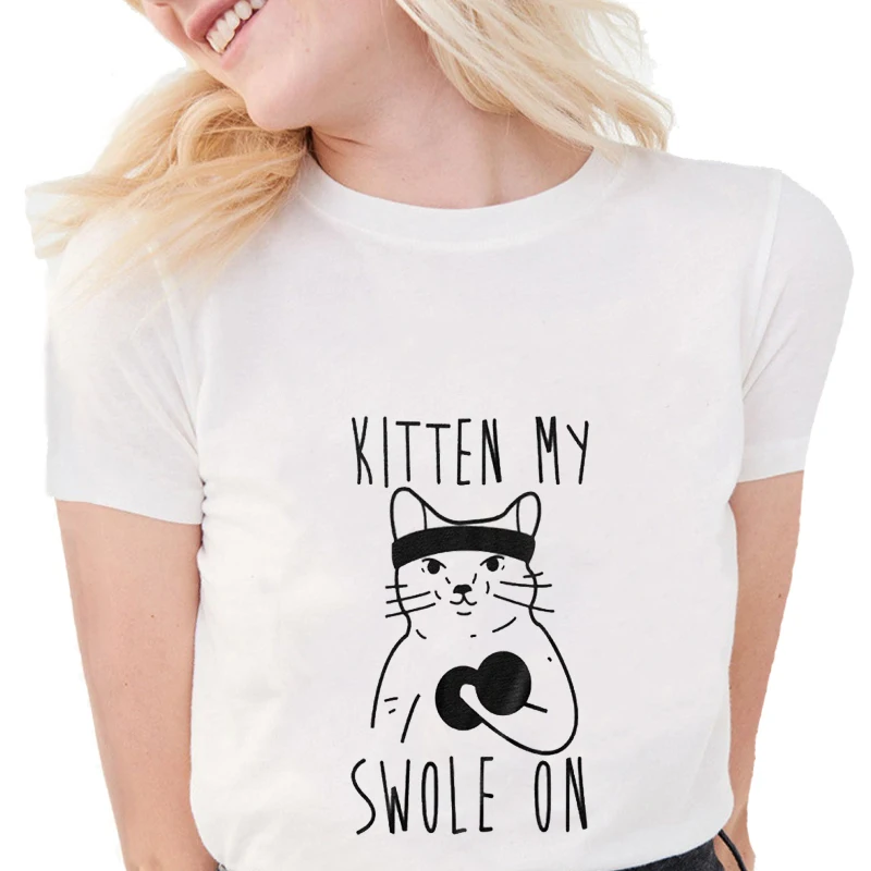 

Summer Funny kitten My Swole on Cat T-Shirt Women Graffiti Letter Printed T shirt Soft Short Sleeve Casual White Tops S1678