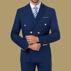 Темно-синие двубортные Свадебные смокинги, облегающие костюмы для мужчин, мужской костюм для жениха, дешевые деловые костюмы из двух предметов для выпускного вечера (пиджак + брюки)