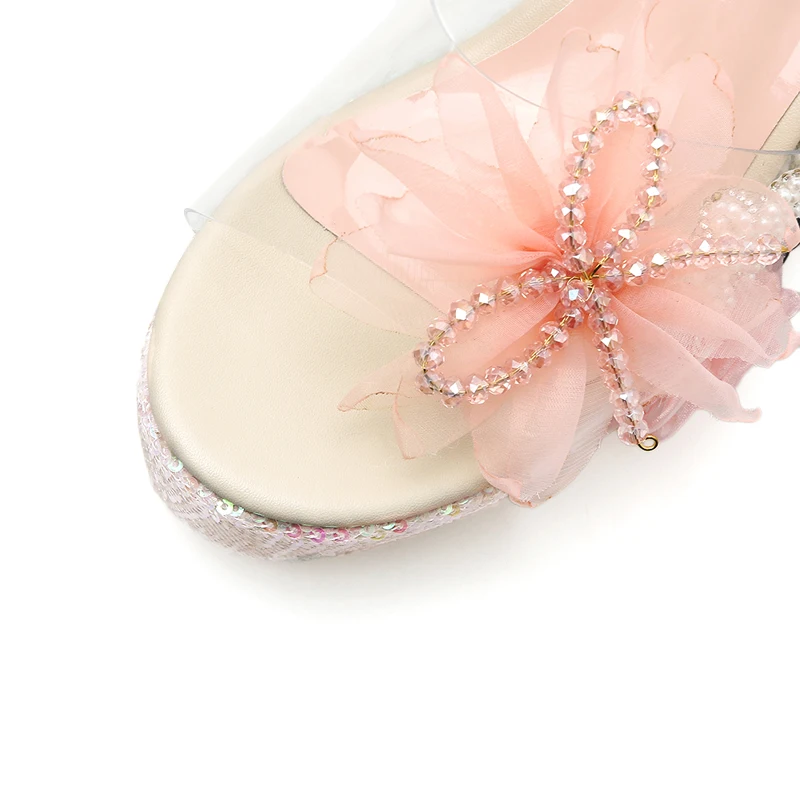 Woman Slippers Summer Sandals Ladies Wedges Fashion Flower Pearl Boho Shoes 10.5cm Heel Platform Pink | Обувь