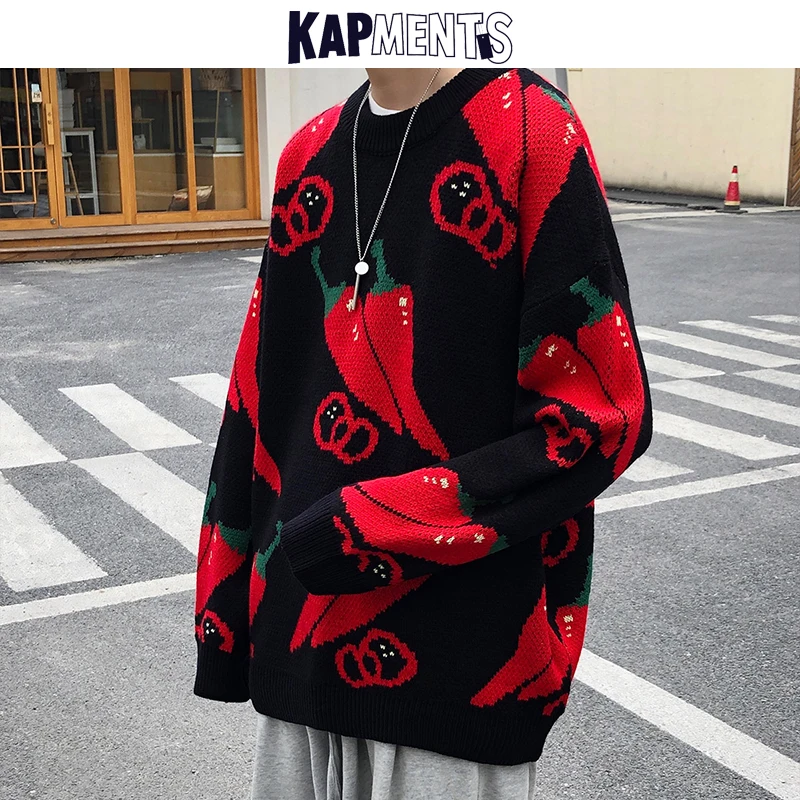KAPMENTS Men Harajuku Chili Winter Knitted Sweater 2020 Korean Fashions Mens Hip Hop Wool Sweaters Male Vintage Pullover | Мужская