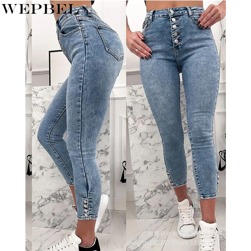 

Женские Элегантные синие джинсовые брюки WEPBEL, женские винтажные Модные узкие джинсы-карандаш с высокой талией и пуговицами, длинные брюки