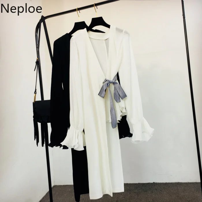 Neploe, новинка, v-образный вырез, блузка, рубашка для женщин, длинный рукав-клеш, на шнуровке, блузки, топы, неровная, средней длины, модная одежда 38258