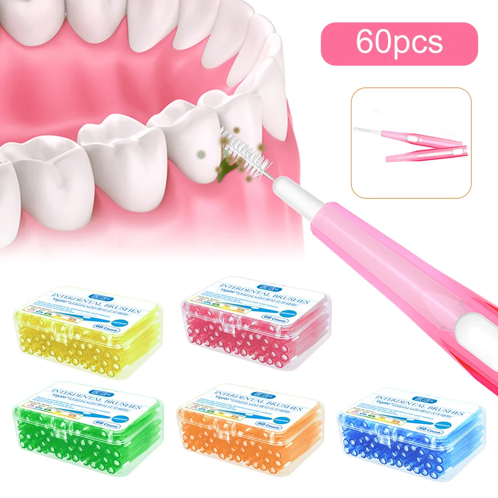 

60Pcs Silicone Interdental Brush Teeth Super Soft Dental Cleaning Brace Cleaning Brush Retractable Brush Head floss Oral Tools