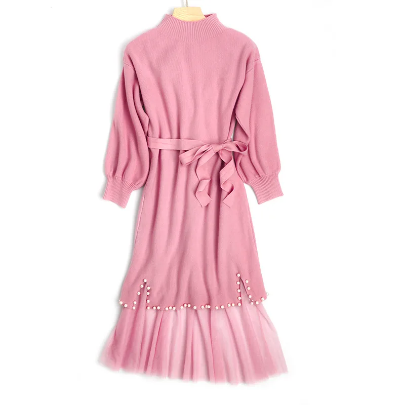 

Sweater Dress Women O-neck Long Sleeve Knit Dress with Belt Fashion Puff Sleeve Sweater Dress Chic Beading Women Mesh Dress Suit
