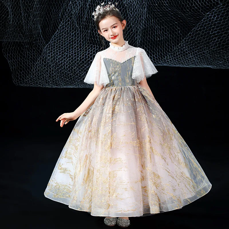 

Flower Girl Dresses Princess Luxury White Sequined Floor-Length High Pearls Elegant Tulle Lace Ball Gown Kids Party Skirt H040
