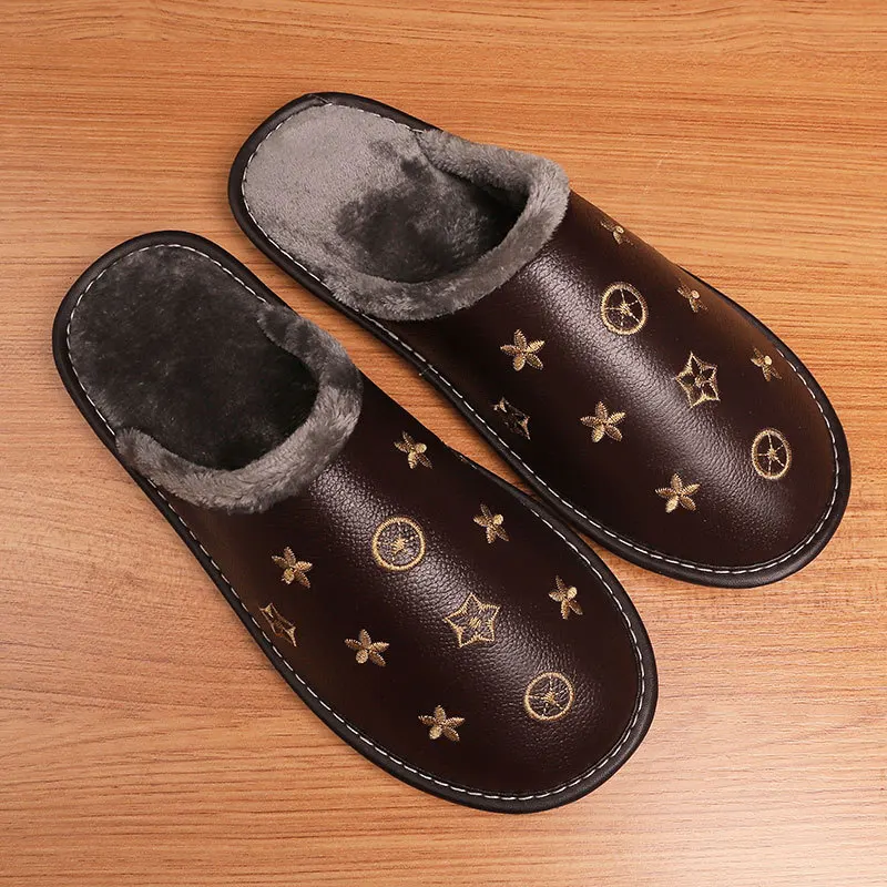 

Популярные Водонепроницаемые кожаные тапочки, мужские зимние теплые домашние хлопковые туфли, женские брендовые Роскошные домашние мехов...