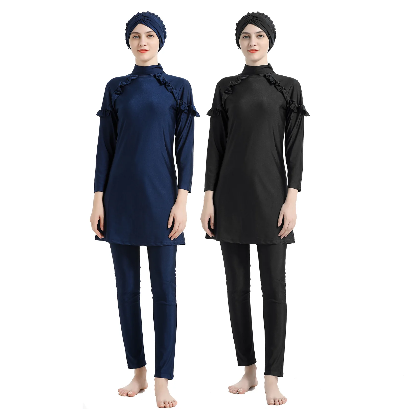 

Summer 2021 new Muslim modest female bath patchwork turban long sleeve sports swimsuit Islamic Muslim swimsuit suit