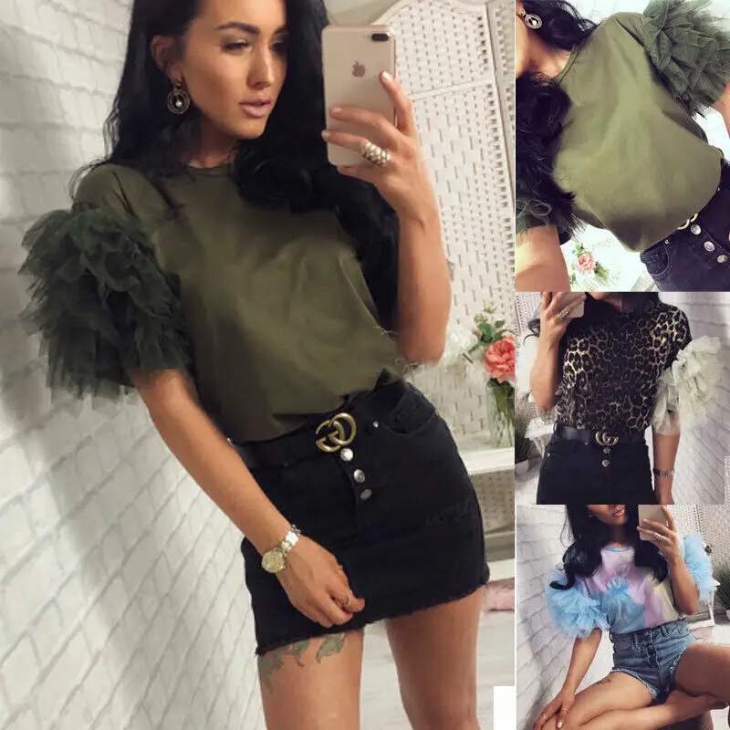 Женская футболка с коротким рукавом круглым вырезом и оборками | одежда