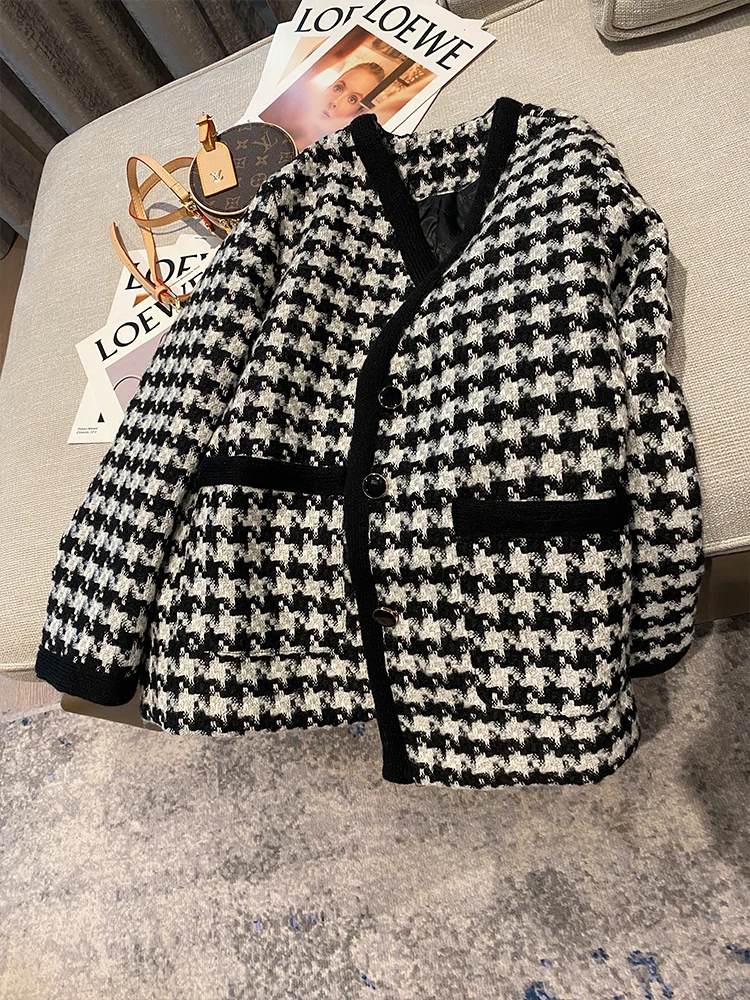 

Женское пальто в мелкую клетку с ароматом тысяч птиц, весна-осень 2021, Ранняя весна, новое универсальное маленькое хлопковое шерстяное пальт...